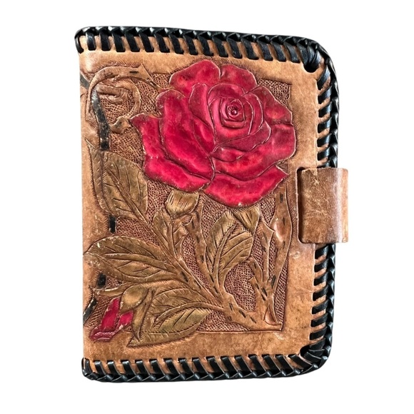 VTG Tooled Leather Boho Wallet Monogram R Whipstitch Trim Multi-Compartmental - Picture 2 of 15